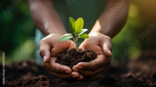 Hands holding a young plant, on green background. Concept of environmental protection and ecology.