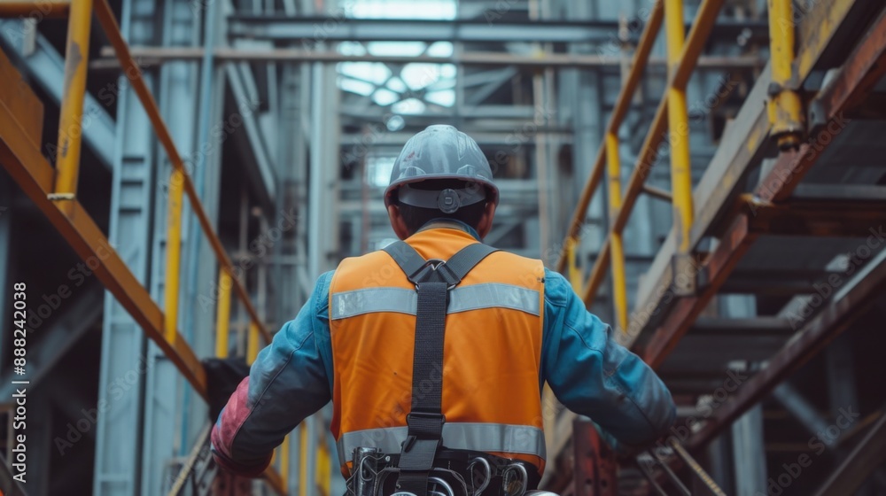 A worker wearing safety gear, including a helmet, gloves A worker wearing safety gear, including a helmet, gloves