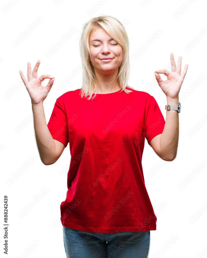 Young beautiful blonde woman wearing red t-shirt over isolated background relax and smiling with eyes closed doing meditation gesture with fingers. Yoga concept. Young beautiful blonde woman wearing red t-shirt over isolated background relax and smiling with eyes closed doing meditation gesture with fingers. Yoga concept.