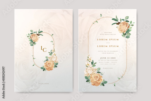 wedding invitation card with white and creamy rose flowers