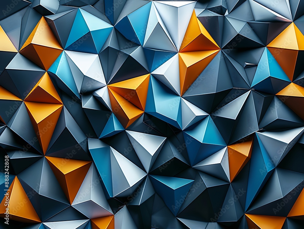 3D rendering of futuristic low poly shapes in blue, orange, and white on a black background. High-detail geometric wallpaper. 3D rendering of futuristic low poly shapes in blue, orange, and white on a black background. High-detail geometric wallpaper.