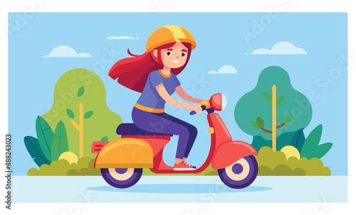 A Girl Sitting on a Scooter Wearing a Helmet: Isometric Illustrations on a Blue Background