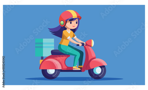 A Girl Sitting on a Scooter Wearing a Helmet: Isometric Illustrations on a Blue Background
