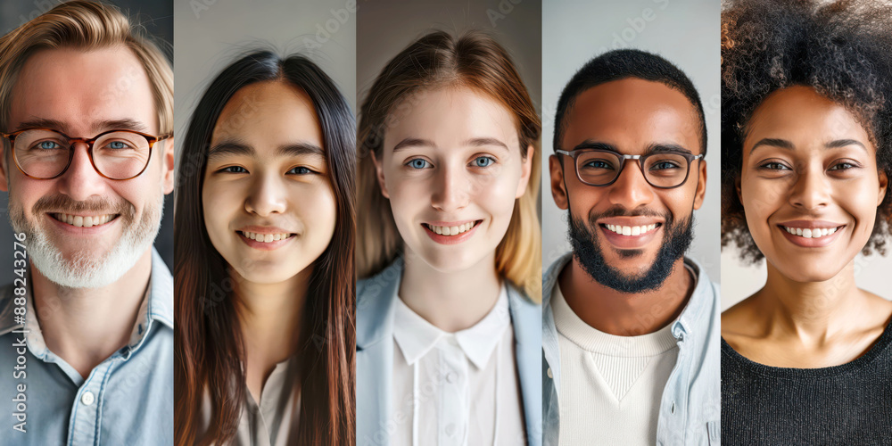 Diverse group of happy professionals, smiling, looking confident, representing various backgrounds, posing in front of neutral backgrounds, unity concept Diverse group of happy professionals, smiling, looking confident, representing various backgrounds, posing in front of neutral backgrounds, unity concept