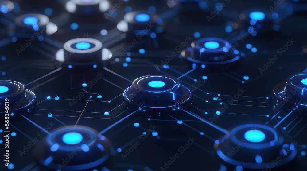 Obraz premium Sapphire blue nodes with electric blue links on a navy background, central text focus designed to stand out