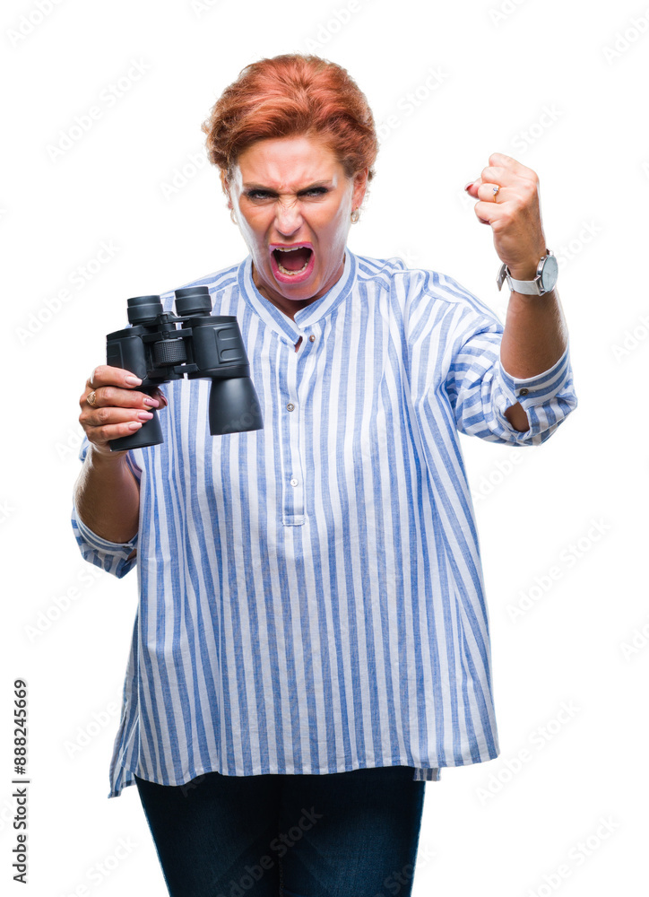 Senior caucasian woman looking through binoculars over isolated background annoyed and frustrated shouting with anger, crazy and yelling with raised hand, anger concept Senior caucasian woman looking through binoculars over isolated background annoyed and frustrated shouting with anger, crazy and yelling with raised hand, anger concept