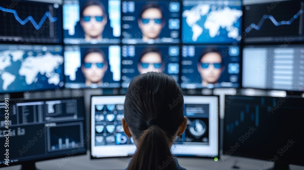 A person in an office setting with multiple monitors displaying security analytics, high-resolution photo, realistic photo, cinematography A person in an office setting with multiple monitors displaying security analytics, high-resolution photo, realistic photo, cinematography