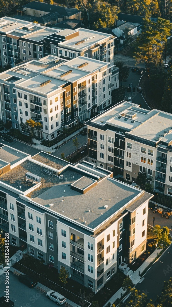 Aerial view of modern apartment complex with flat roofs and large windows surrounded by trees and a road, with a warm sunset glow Aerial view of modern apartment complex with flat roofs and large windows surrounded by trees and a road, with a warm sunset glow