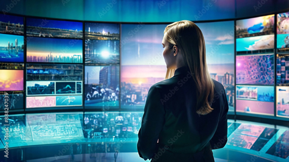 A person watching a video wall with multimedia images on different television screens