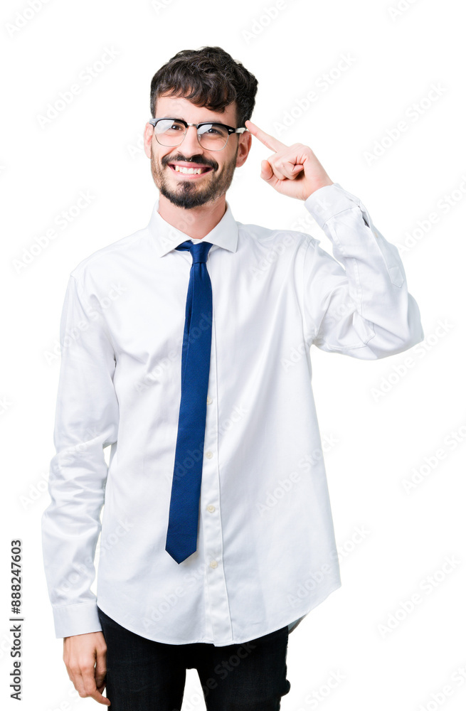 Young handsome business man wearing glasses over isolated background Smiling pointing to head with one finger, great idea or thought, good memory Young handsome business man wearing glasses over isolated background Smiling pointing to head with one finger, great idea or thought, good memory
