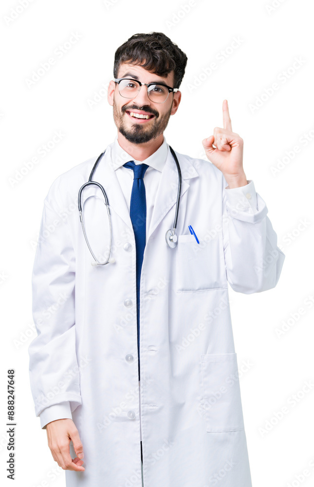 Young doctor man wearing hospital coat over isolated background pointing finger up with successful idea. Exited and happy. Number one. Young doctor man wearing hospital coat over isolated background pointing finger up with successful idea. Exited and happy. Number one.