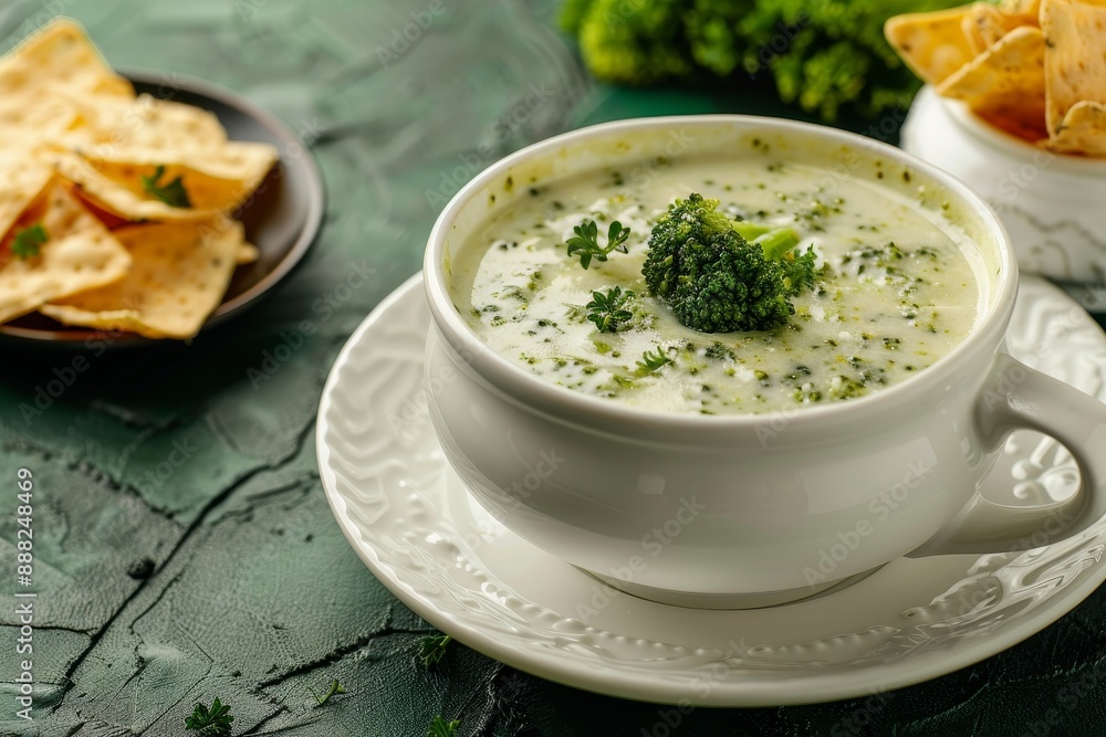 Broccoli cream soup served in white bowl on green velvet with chips Broccoli cream soup served in white bowl on green velvet with chips