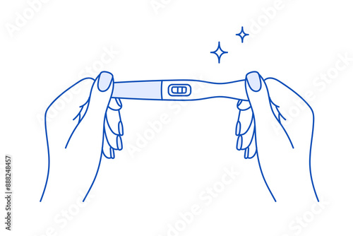 A girl's hand holds a pregnancy test with two stripes. Vector linear illustration.  Positive result.