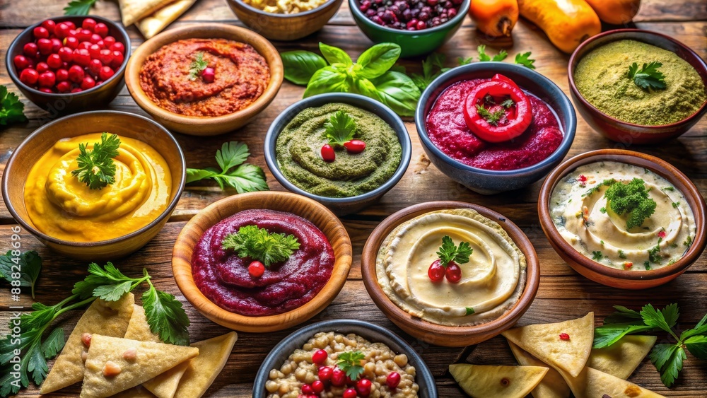 A Tabletop Spread of Hummus, Dips, and Flatbread, Top View , Hummus , Appetizers , Middle Eastern A Tabletop Spread of Hummus, Dips, and Flatbread, Top View , Hummus , Appetizers , Middle Eastern