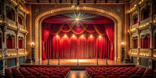 A Stage Awaits - Golden Decorated Theater with Red Curtains and Empty Seats, theater, stage, performance, lighting