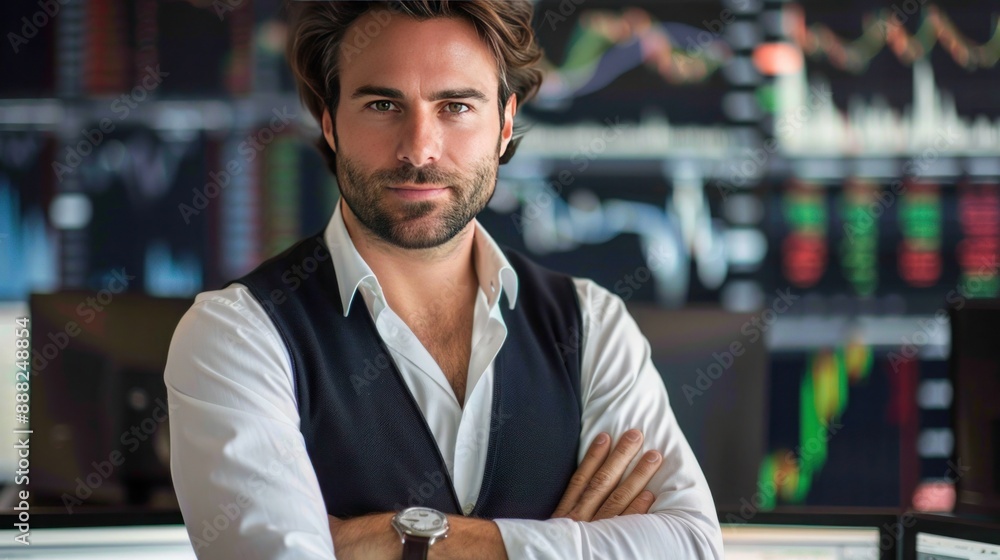 Serious male trader standing with crossed arms in the office against the background of monitors with charts Serious male trader standing with crossed arms in the office against the background of monitors with charts