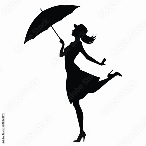 a woman standing in a dancing position with an umbrella, vector silhouette 