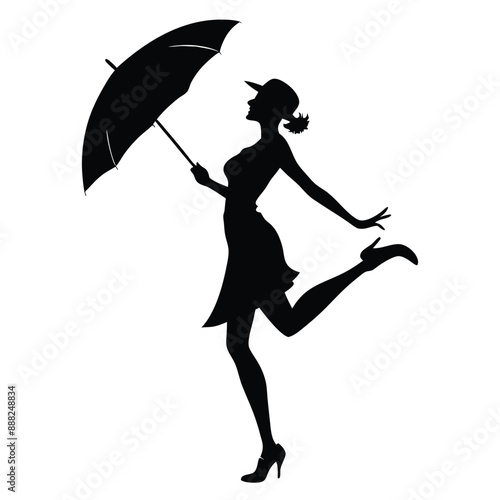 a woman standing in a dancing position with an umbrella, vector silhouette 