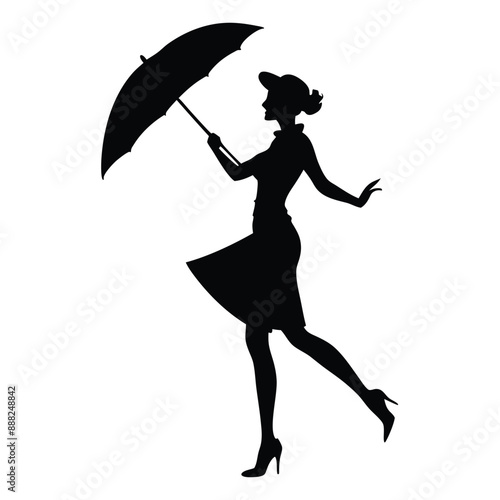 a woman standing in a dancing position with an umbrella, vector silhouette 