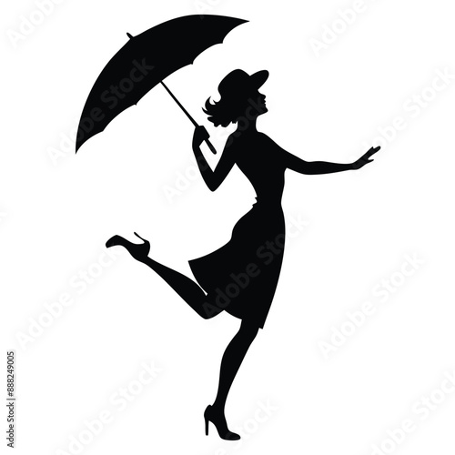 a woman standing in a dancing position with an umbrella, vector silhouette 