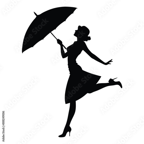 a woman standing in a dancing position with an umbrella, vector silhouette 