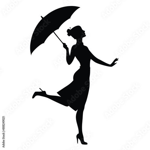 a woman standing in a dancing position with an umbrella, vector silhouette 