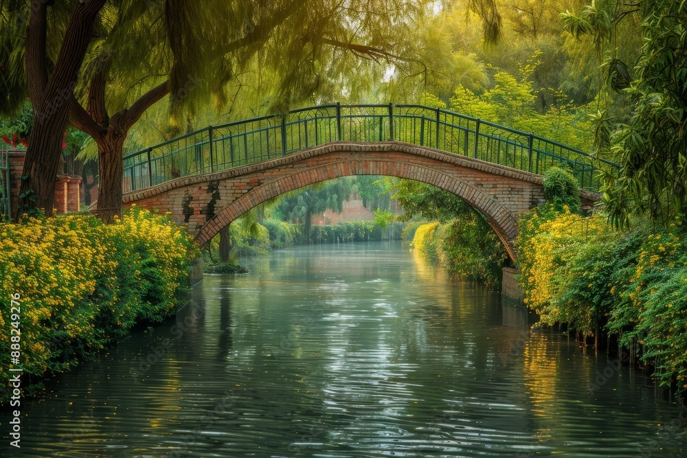Canal bridge in rural Pakistan village surrounded by greenery and bushes reflecting light in summer Canal bridge in rural Pakistan village surrounded by greenery and bushes reflecting light in summer