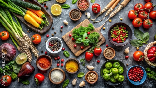 Aromatic Spices and Fresh Produce for a Delicious Meal, food photography, top view, flat lay, herbs, vegetables , spices