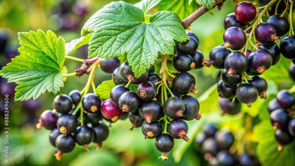 Black Currant Cluster Hanging on Branch with Green Leaf, Berries, Fruit, Nature, Food , ,