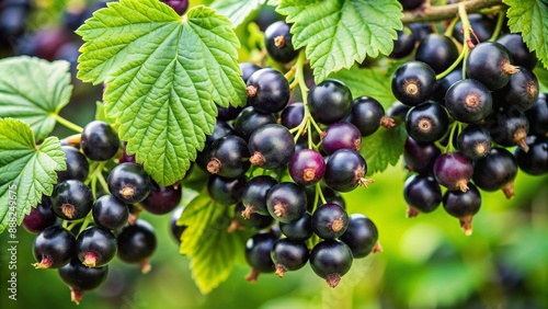 Blackcurrants on a Branch with Green Leaves, Close-up, Nature, Fruit, Garden, Berry , blackcurrant