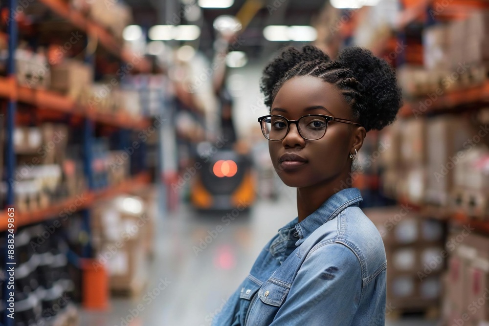 Young African American Woman Embracing Smart Warehouse Technology: Autonomous Robot Transportation and Automation Concept Young African American Woman Embracing Smart Warehouse Technology: Autonomous Robot Transportation and Automation Concept