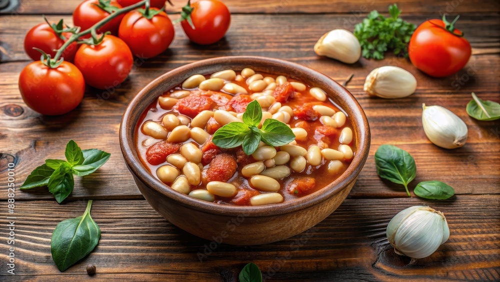 Bowl of White Beans in Tomato Sauce with Basil and Garlic, food photography, bean soup, tomato sauce, white beans, garlic, basil Bowl of White Beans in Tomato Sauce with Basil and Garlic, food photography, bean soup, tomato sauce, white beans, garlic, basil