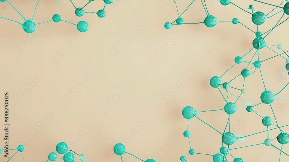 Pale turquoise dots linked by teal threads on a warm taupe background, text space in the bottom right Pale turquoise dots linked by teal threads on a warm taupe background, text space in the bottom right