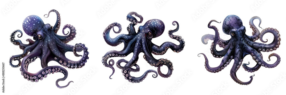 Obraz premium Set of An ethereal watercolor illustration of a majestic octopus floating amidst cosmic galaxies and nebulae isolated on tranparent background