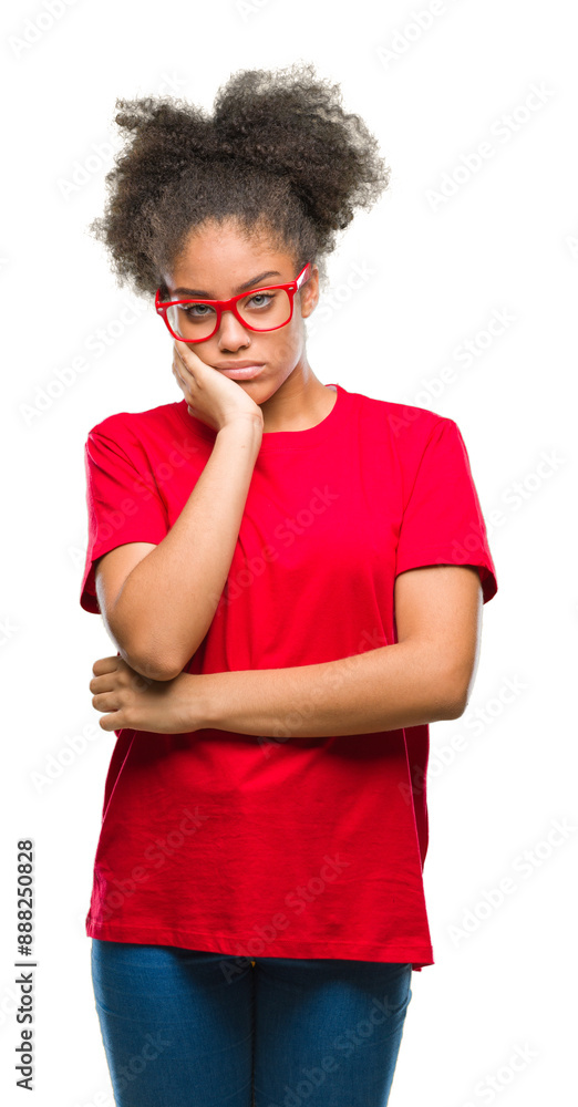Young afro american woman wearing glasses over isolated background thinking looking tired and bored with depression problems with crossed arms. Young afro american woman wearing glasses over isolated background thinking looking tired and bored with depression problems with crossed arms.