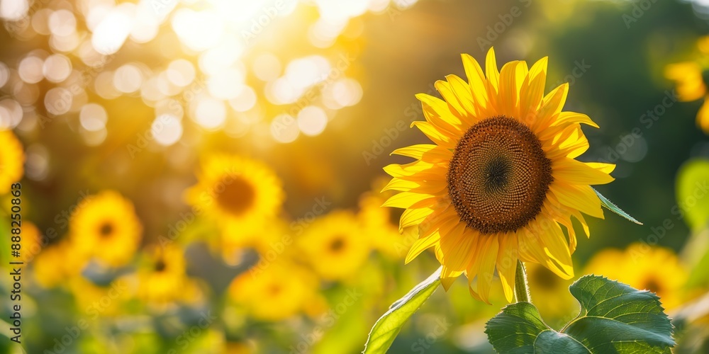 Obraz premium A single proud sunflower stands tall in a sunlit field, symbolizing strength and optimism with its vivid yellow petals.
