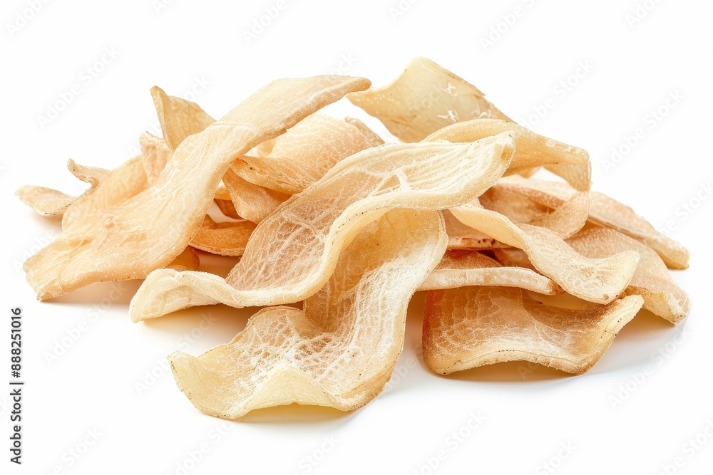Close up view of traditional Asian snack Fried Cassava Chips Keripik Singkong isolated on white background with clipping path Texture detail included Close up view of traditional Asian snack Fried Cassava Chips Keripik Singkong isolated on white background with clipping path Texture detail included