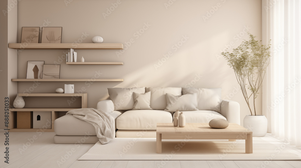Minimalistyczny beżowy salon z dużą sofą i naturalnym światłem
