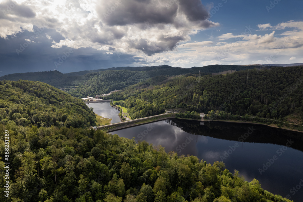 Barrier lake of the Oder river in front of the dam - near the town of Bad Lauterberg, Harz mountains, Lower Saxony, Germany. Aerial view.