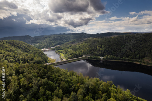 Obraz na płótnie Barrier lake of the Oder river in front of the dam - near the town of Bad Lauterberg, Harz mountains, Lower Saxony, Germany. Aerial view. w salonie