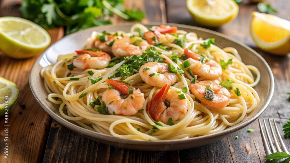 Close-up of a Plate of Spaghetti with Shrimp, Parsley and Lemon, Food Photography, Italian Cuisine, Seafood Pasta, Shrimp Scampi, spaghetti Close-up of a Plate of Spaghetti with Shrimp, Parsley and Lemon, Food Photography, Italian Cuisine, Seafood Pasta, Shrimp Scampi, spaghetti