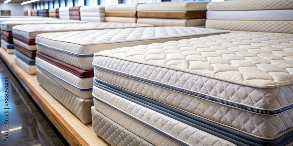 Close-up of a Premium Mattress Display in a Retail Store, mattress, bedding, sleep , comfort Close-up of a Premium Mattress Display in a Retail Store, mattress, bedding, sleep , comfort