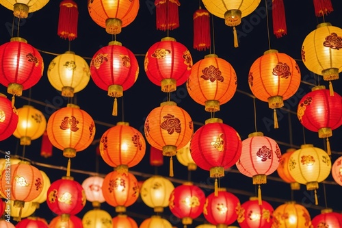 Vibrant colors of Chinese lantern ornament decorations for the Mid Autumn Festival, celebration of luck, health, happiness and prosperity photo