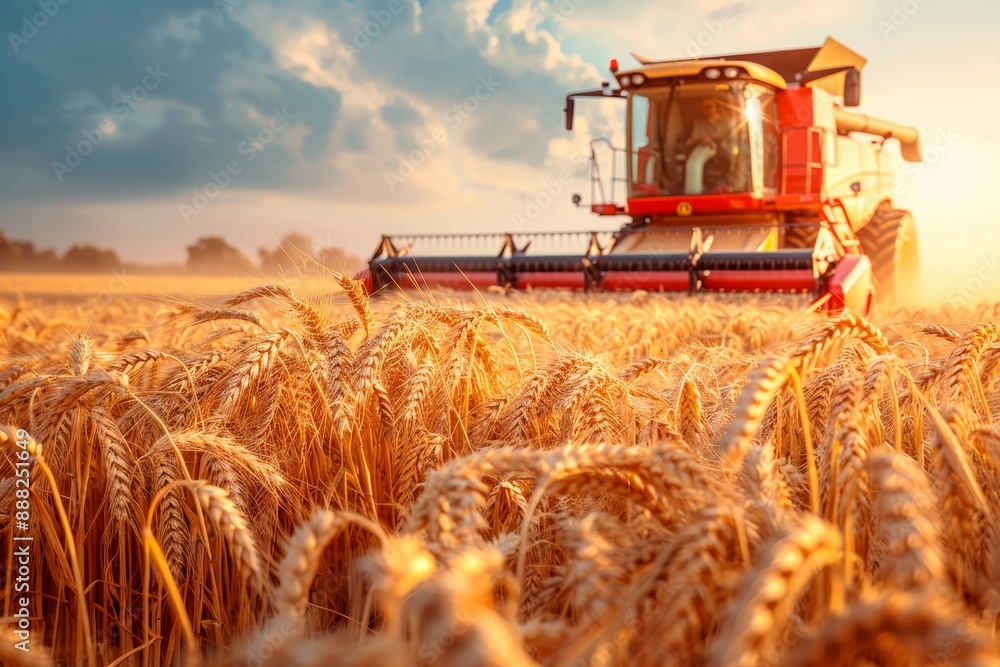 Combine harvester reaps mature wheat Combine harvester reaps mature wheat