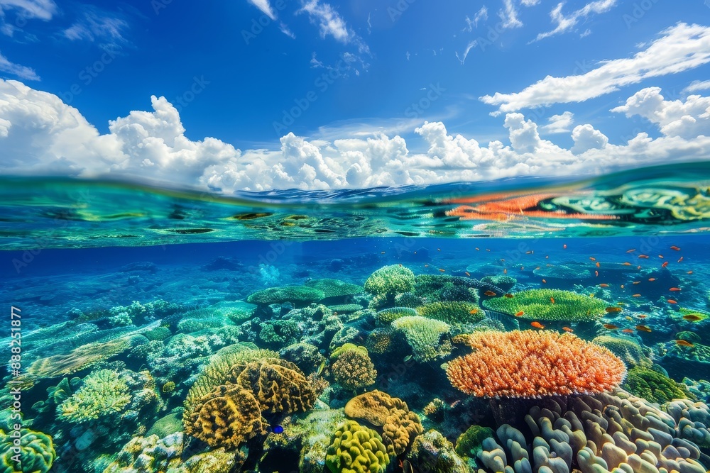 Fototapeta premium Coral reef in water with sky above