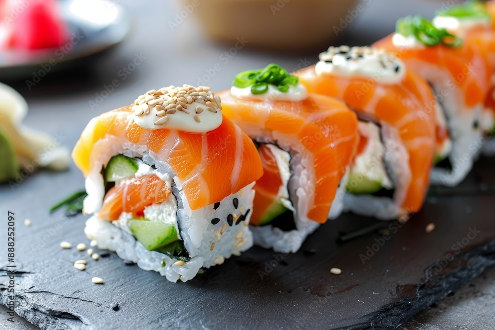 Cream cheese seaweed salad and salmon sushi on slate board Cream cheese seaweed salad and salmon sushi on slate board
