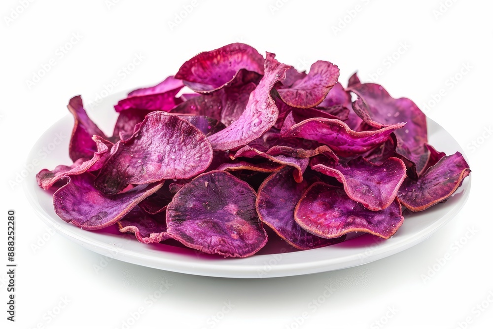 Obraz premium Crispy and sweet purple sweet potato chips on white plate white background