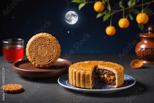 Chinese Moon cake under the full moon. photo