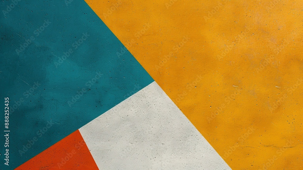Abstract Wall Art With Teal, White, Orange, and Yellow Paint:A Close-Up Shot of a Wall Painted With Vibrant Abstract Geometric Shapes. The Wall Features Four Sections Abstract Wall Art With Teal, White, Orange, and Yellow Paint:A Close-Up Shot of a Wall Painted With Vibrant Abstract Geometric Shapes. The Wall Features Four Sections