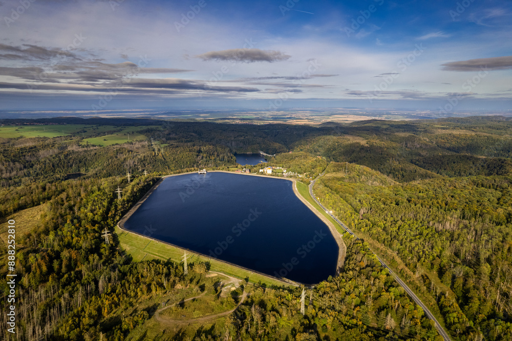 Aerial landscape panorama in the Harz mountains, Rappbode dam (Bode river) in Harz Mountains National Park, near Thale, Germany. Saxony-Anhalt , Germany